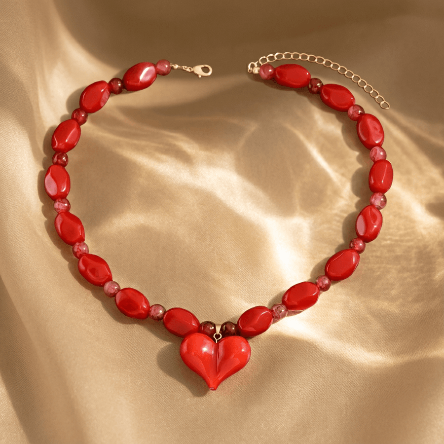 Classic Red Glass Beaded Heart Pendant Necklace