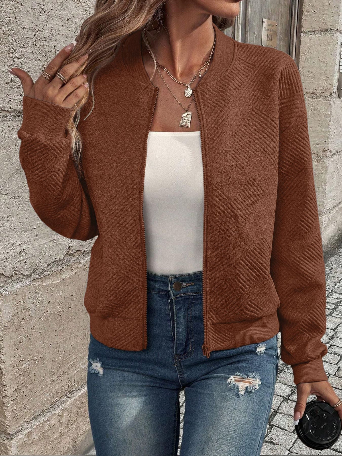 Adeline | Women's Textured Zip-Up Bomber Jacket
