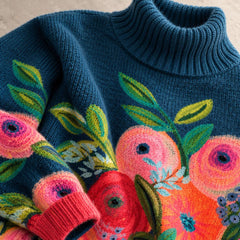 Close-up of the embroidered floral knit detail on the Alice sweater