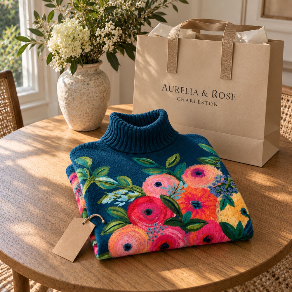 The Alice sweater folded beside an Aurelia and Rose Charleston shopping bag