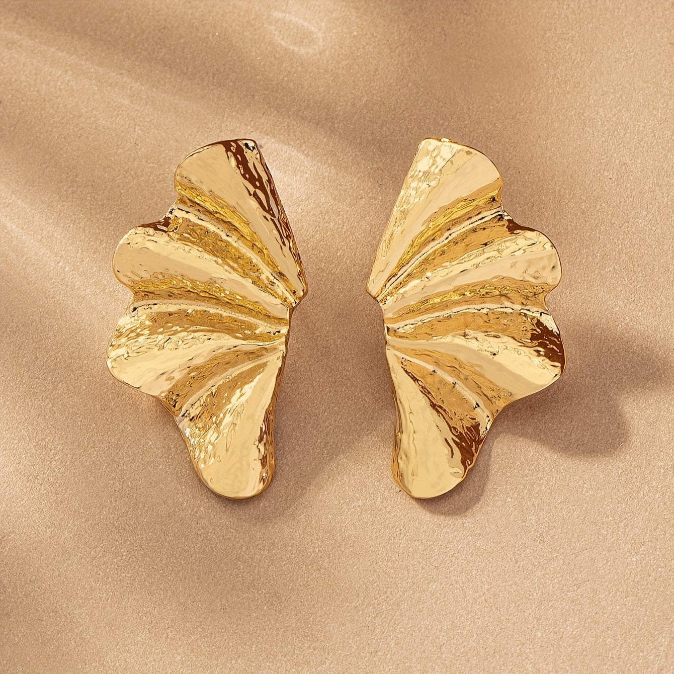Elegant Textured Gold Fan Statement Stud Earrings