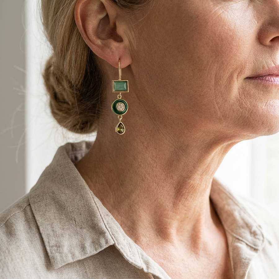 Vintage Geometric Green Stone Gold Drop Earrings