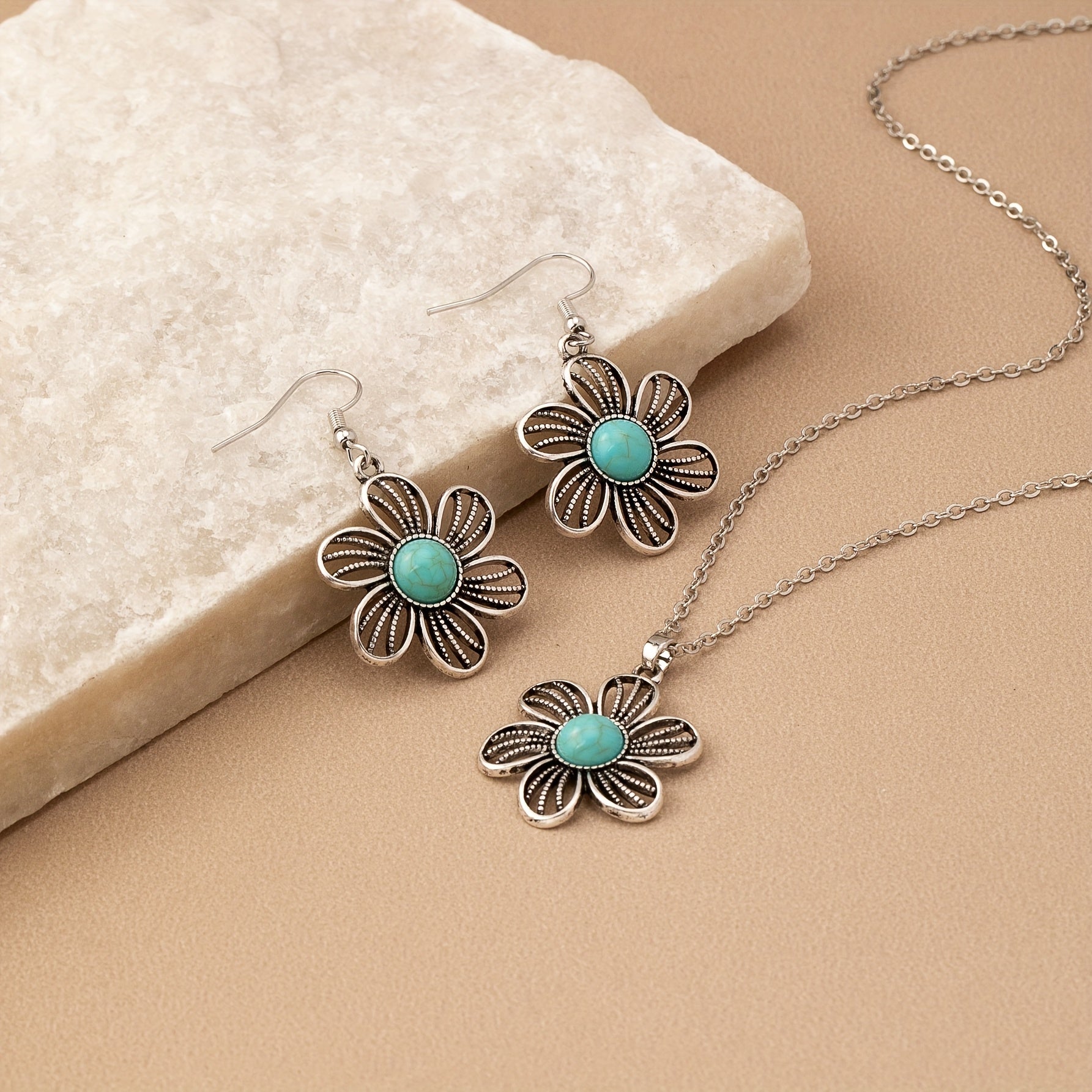 Vintage Boho Turquoise Flower Earrings Necklace Jewelry Set