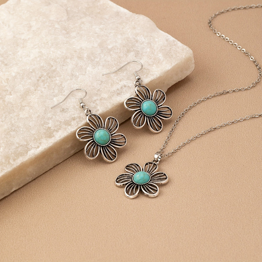 Vintage Boho Turquoise Flower Earrings Necklace Jewelry Set