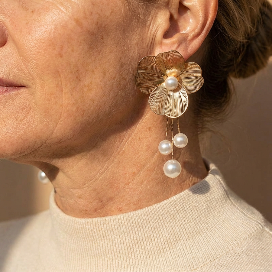 Vintage Gold Flower Pearl Drop Earrings