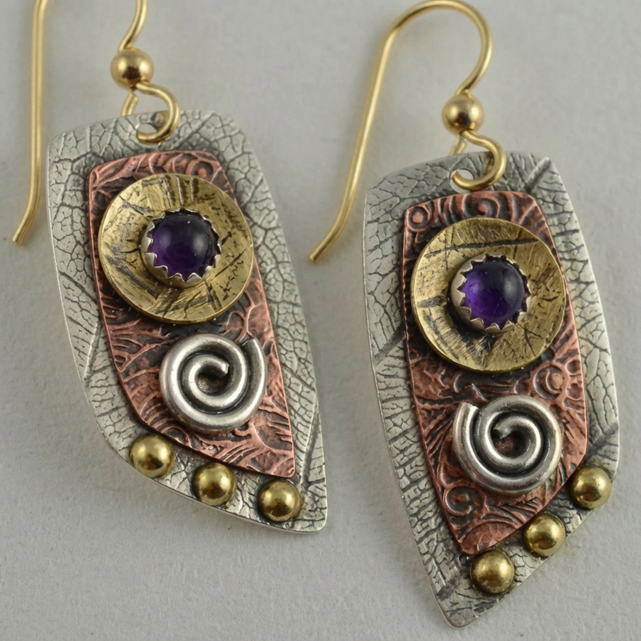 Mixed Metal Amethyst Artisan Drop Earrings