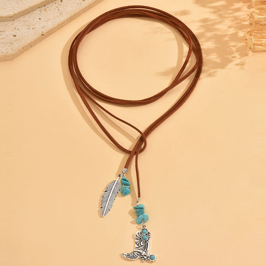 Vintage Bohemian Turquoise Feather Pendant Layered Necklace