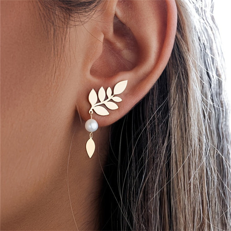 Vintage Elegant Gold Leaf & Pearl Drop Earrings