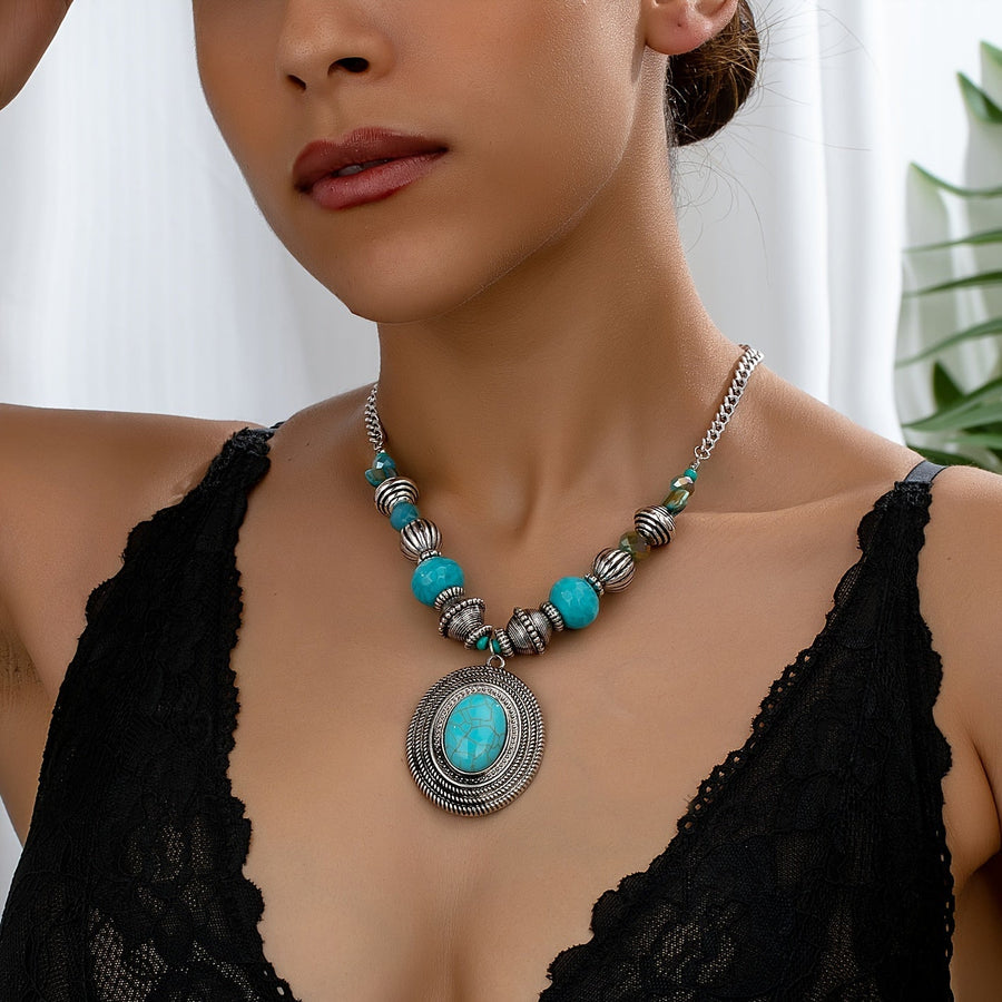 Bohemian Oval Turquoise Beaded Pendant Necklace