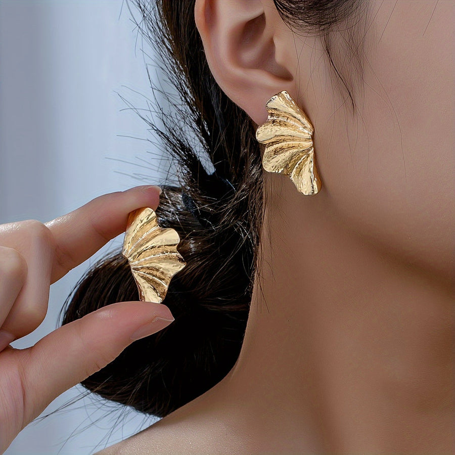 Elegant Textured Gold Fan Statement Stud Earrings