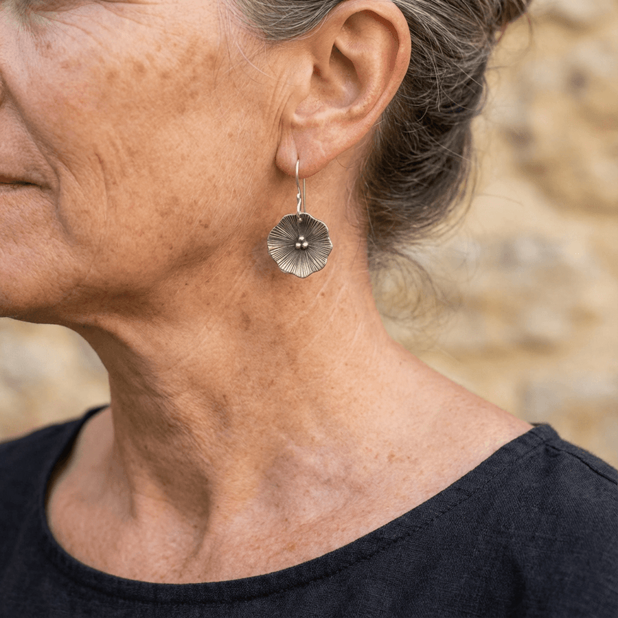 Handcrafted Textured Silver Flower Drop Earrings