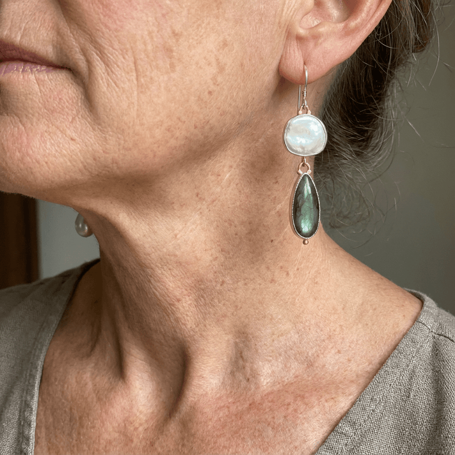 Elegant Labradorite Pearl Statement Drop Earrings