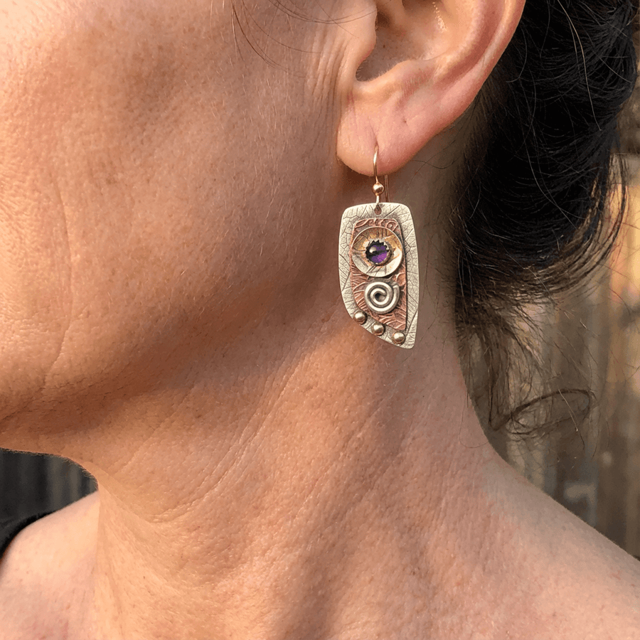 Mixed Metal Amethyst Artisan Drop Earrings
