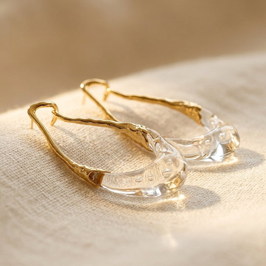 Elegant Geometric Hoop Earrings with Translucent Resin Droplet