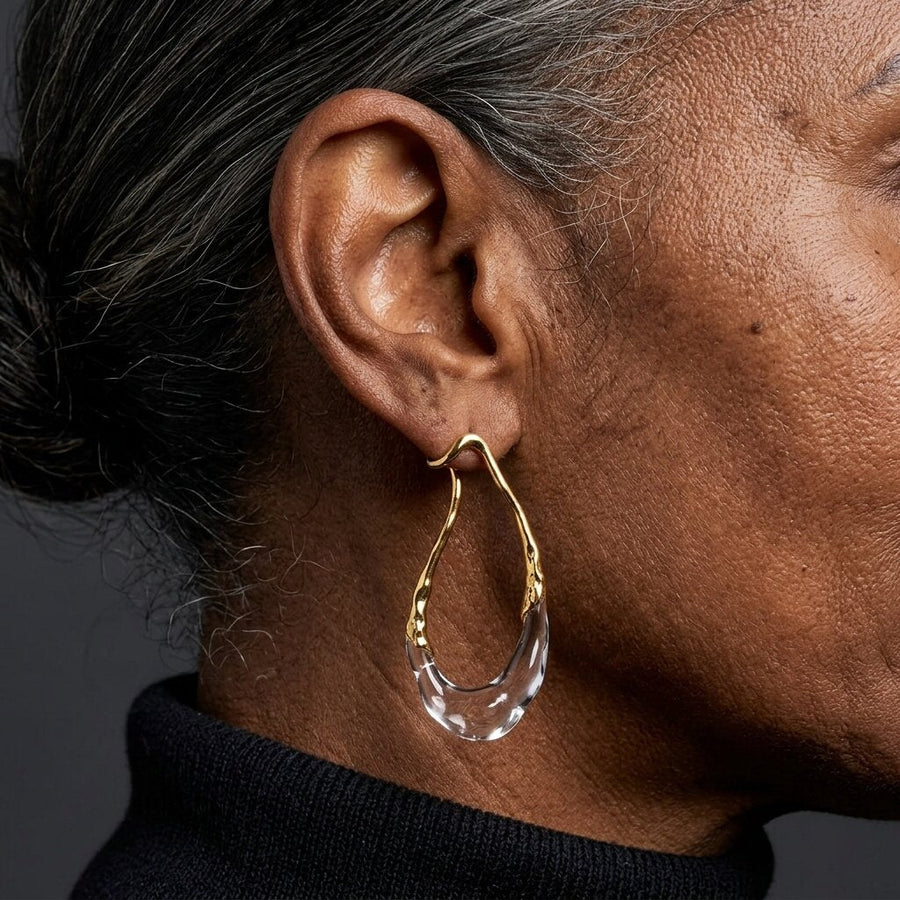 Elegant Geometric Hoop Earrings with Translucent Resin Droplet