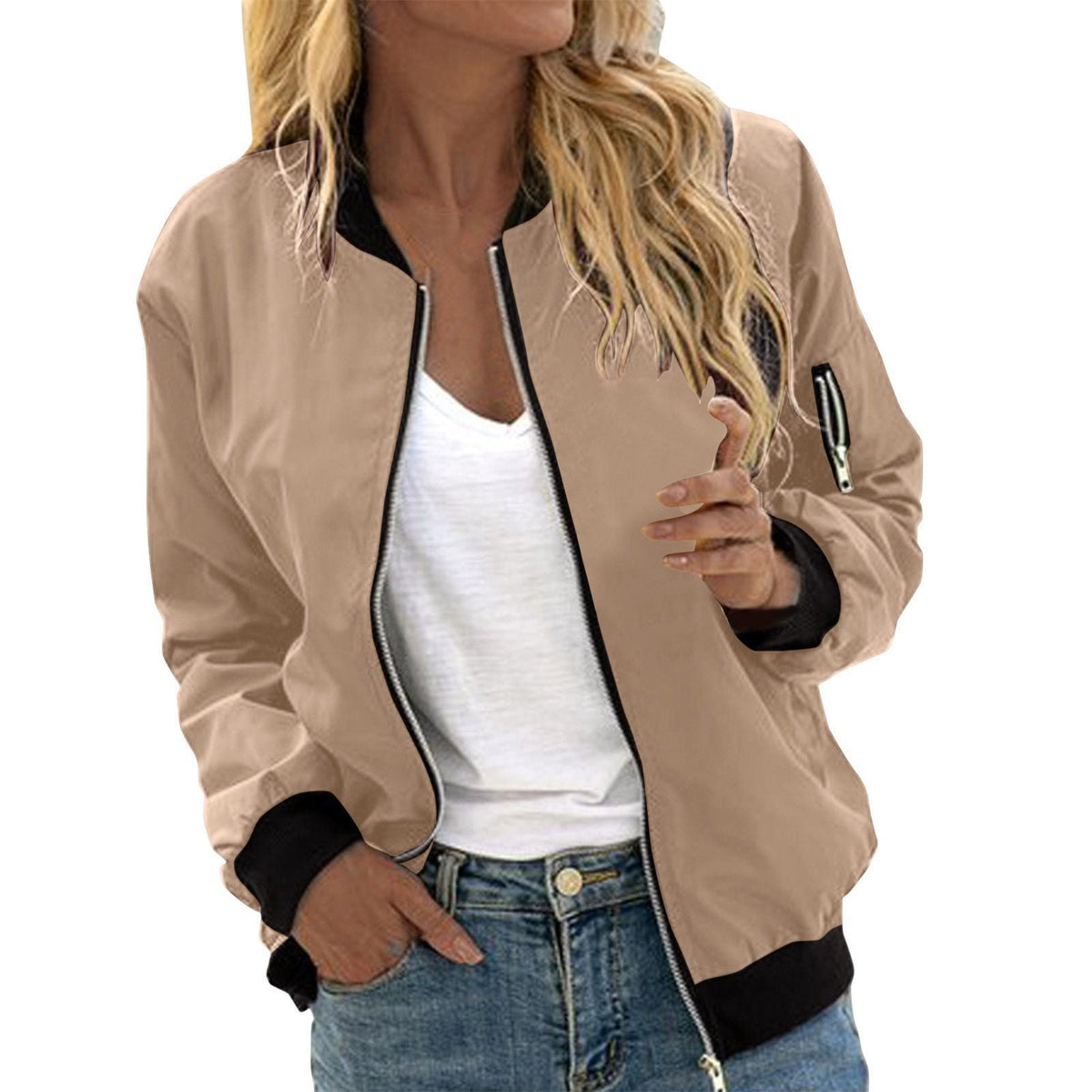 Harper | Women's Zip-Up Ribbed Trim Bomber Jacket