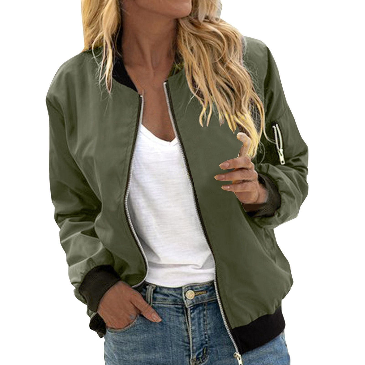 Harper | Women's Zip-Up Ribbed Trim Bomber Jacket