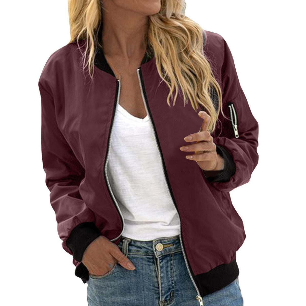 Harper | Women's Zip-Up Ribbed Trim Bomber Jacket