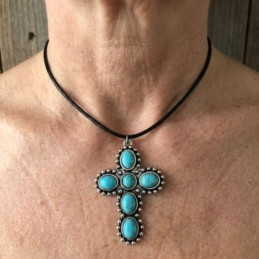 Bohemian Retro Silver Tone Turquoise Cross Pendant Necklace