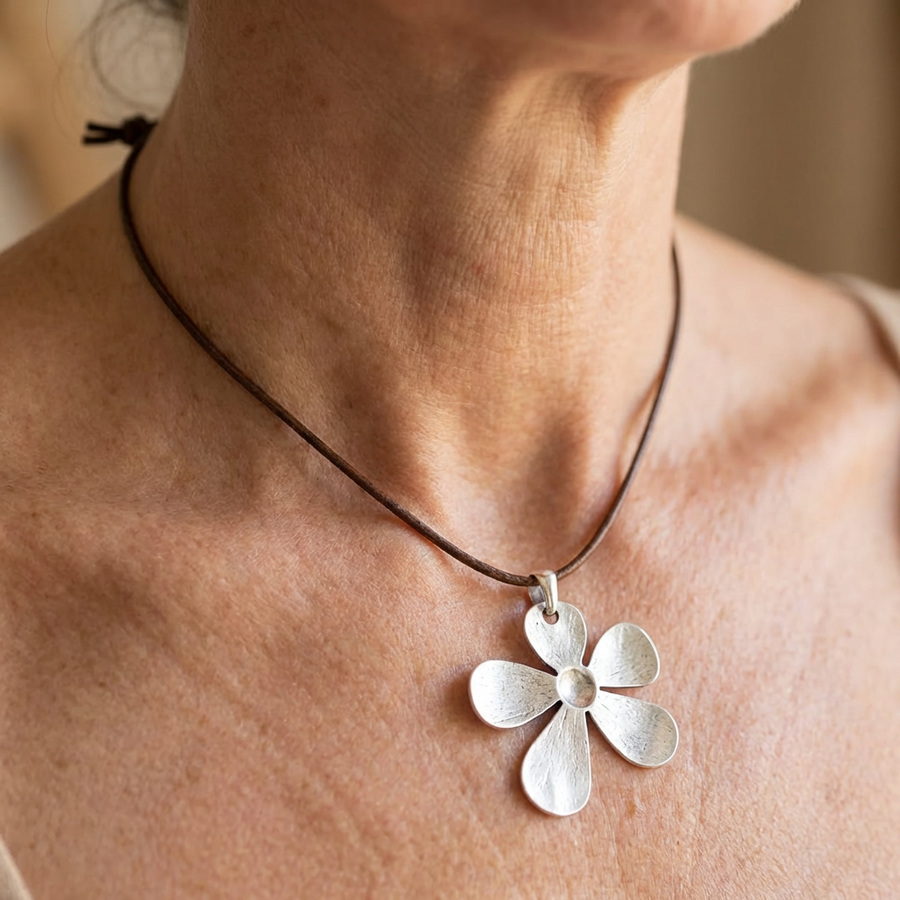 Minimalist Hammered Asymmetrical Flower Pendant Adjustable Necklace