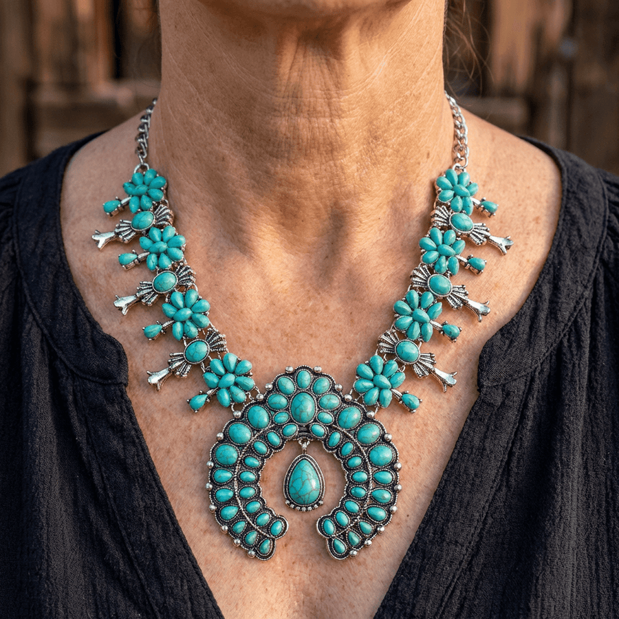 Elegant Bohemian Turquoise Flower Pendant Alloy Necklace