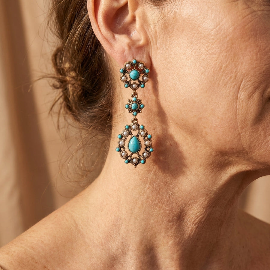 Floral Turquoise & Pearl Gold Plated Earrings