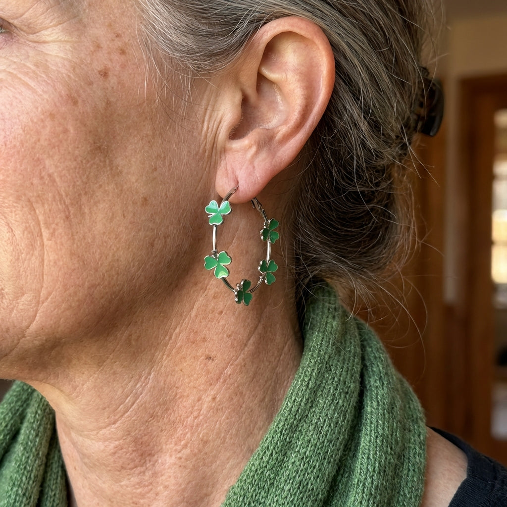 Vintage Bohemian Silver Plated Green Floral Hoop Earrings