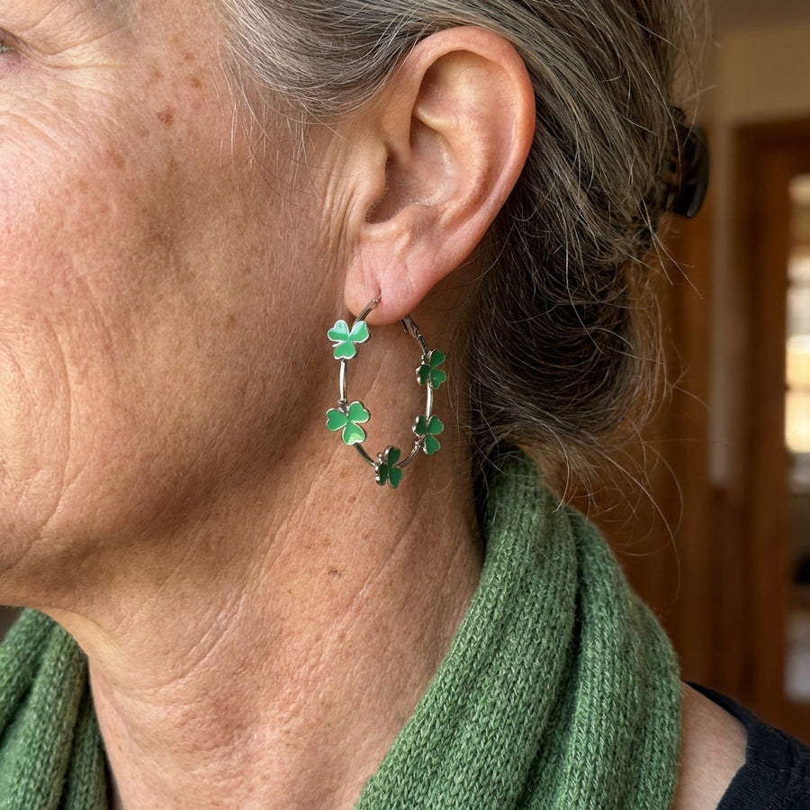 Vintage Bohemian Silver Plated Green Floral Hoop Earrings