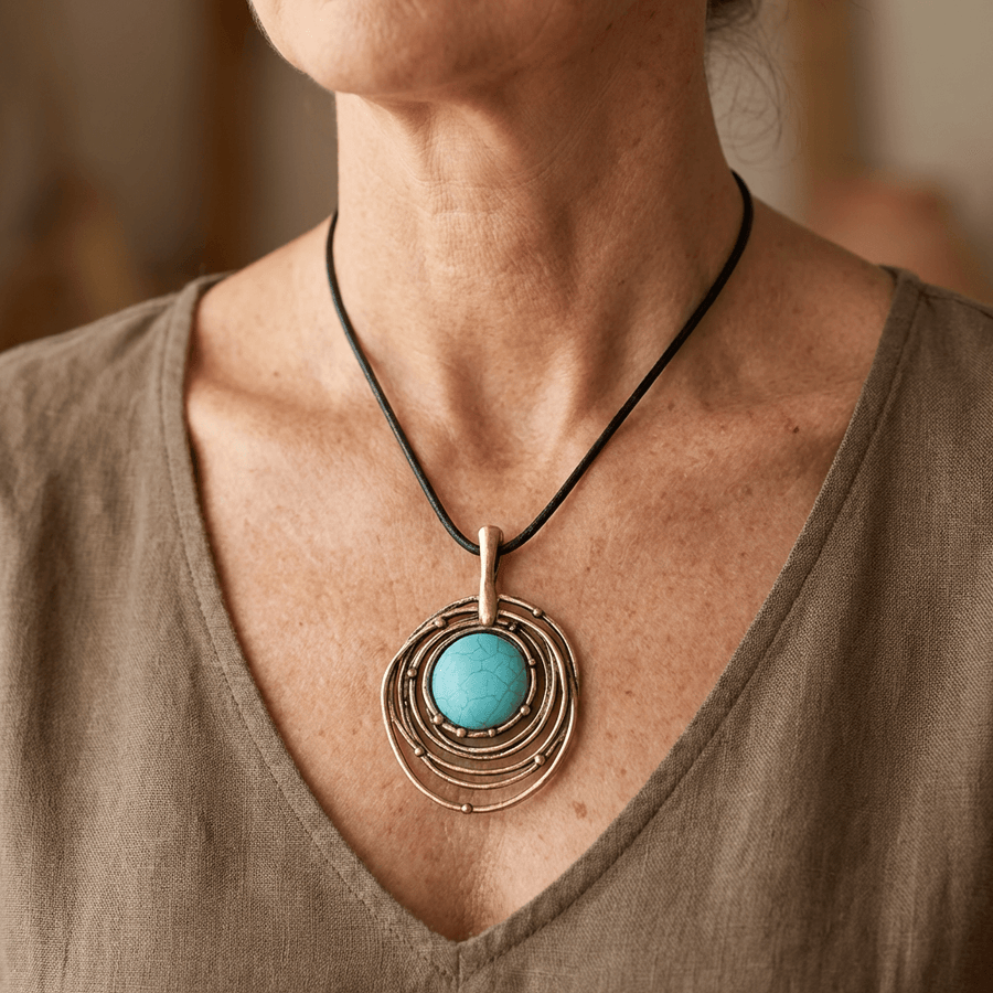 Classic Black Wax Cord Turquoise Stone Long Necklace