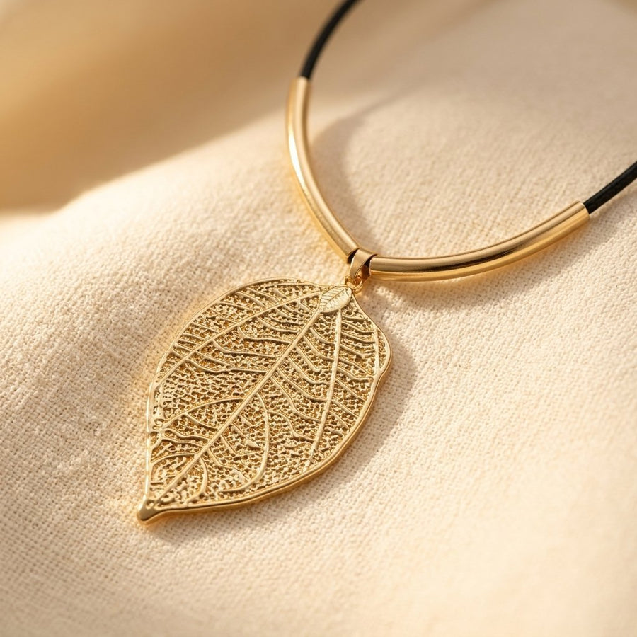 Gold Leaf Pendant Choker Necklace