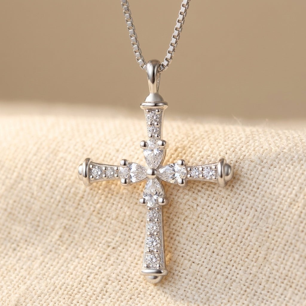925 Sterling Silver Elegant Silver Cross Necklace With Sparkling Moiss Necklace