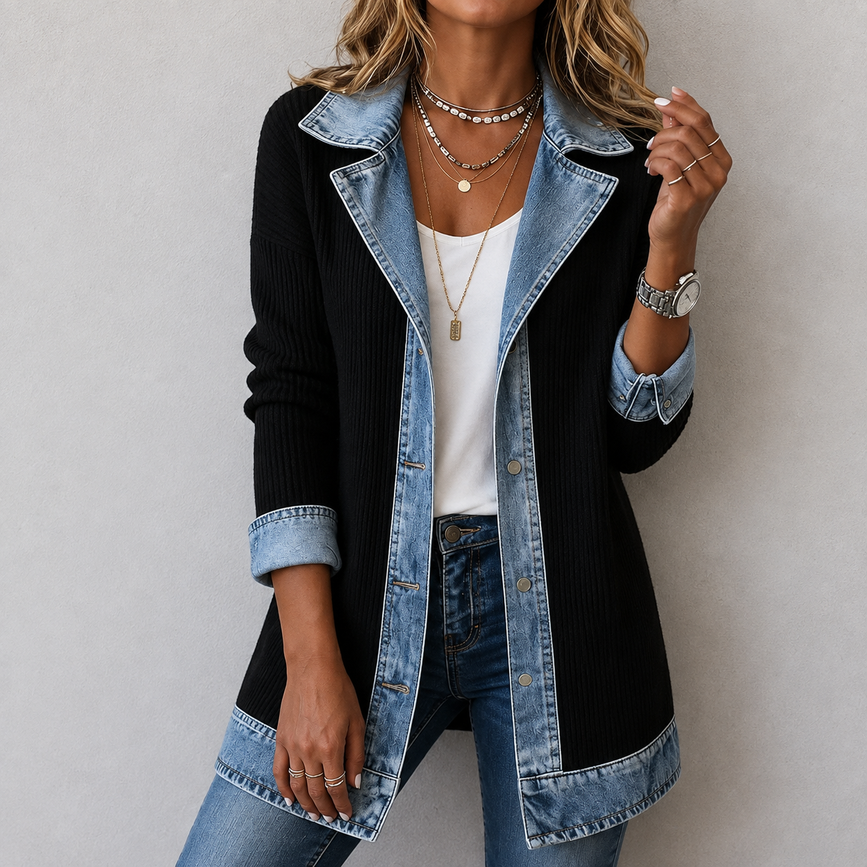 Kristen | Denim Jacket with Knit Panels