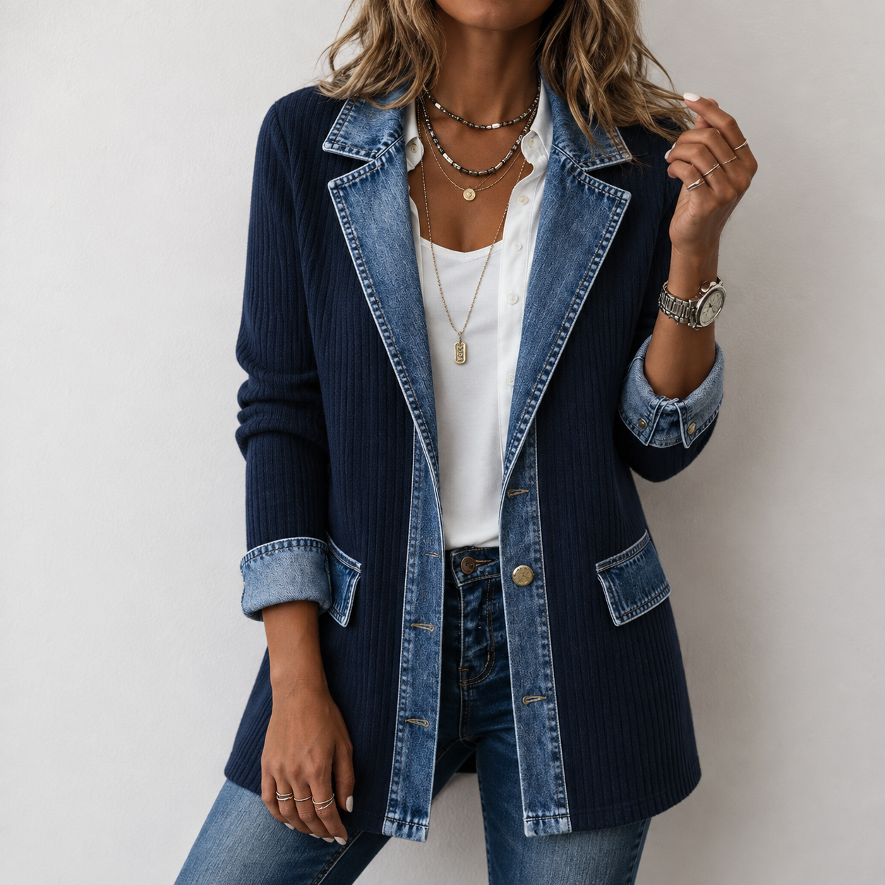 Kristen | Denim Jacket with Knit Panels