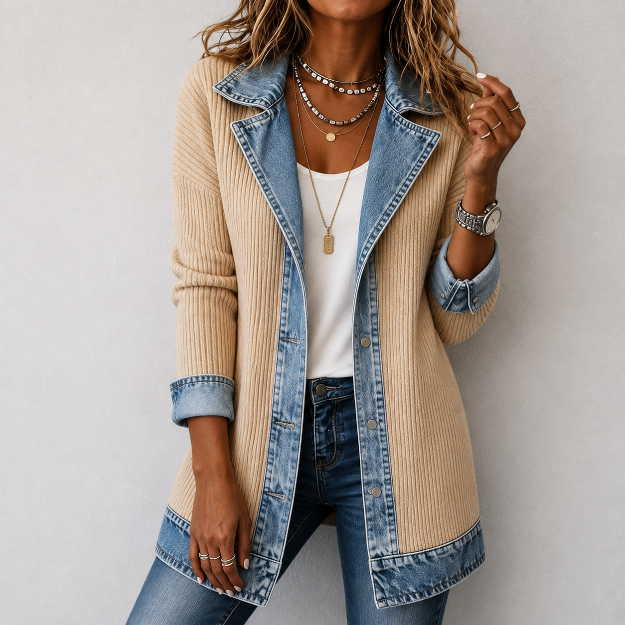 Kristen | Denim Jacket with Knit Panels
