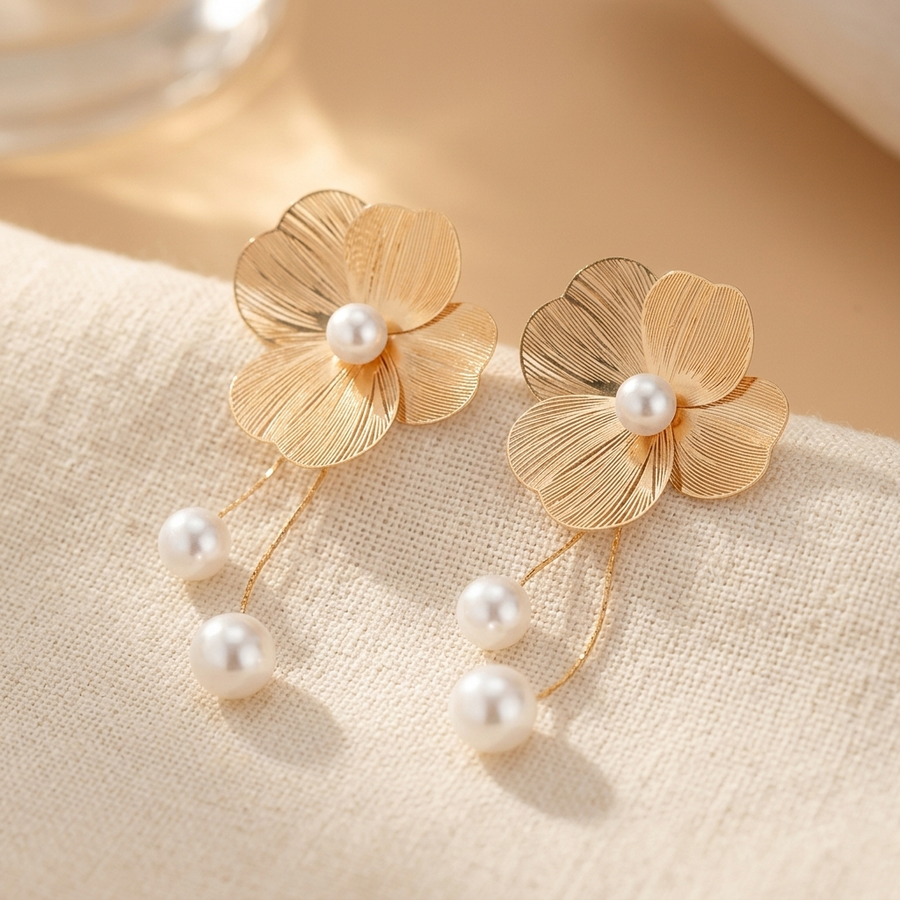 Vintage Gold Flower Pearl Drop Earrings