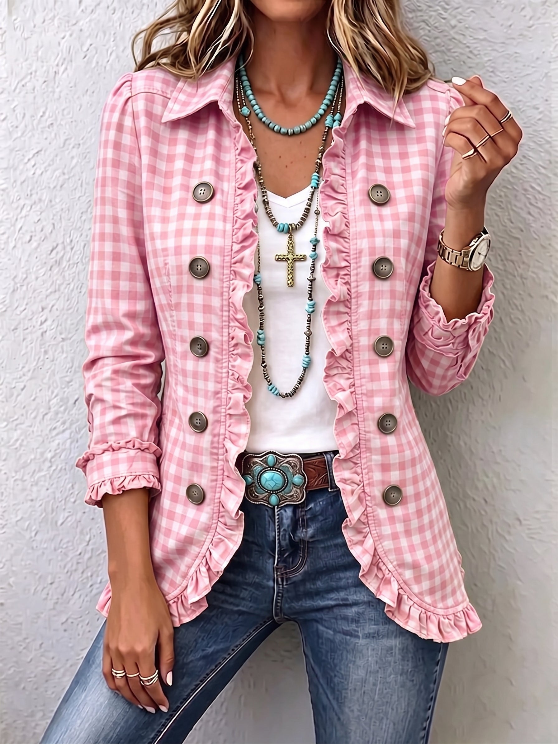 Charlene™ Gingham Ruffled Button-Up Jacket