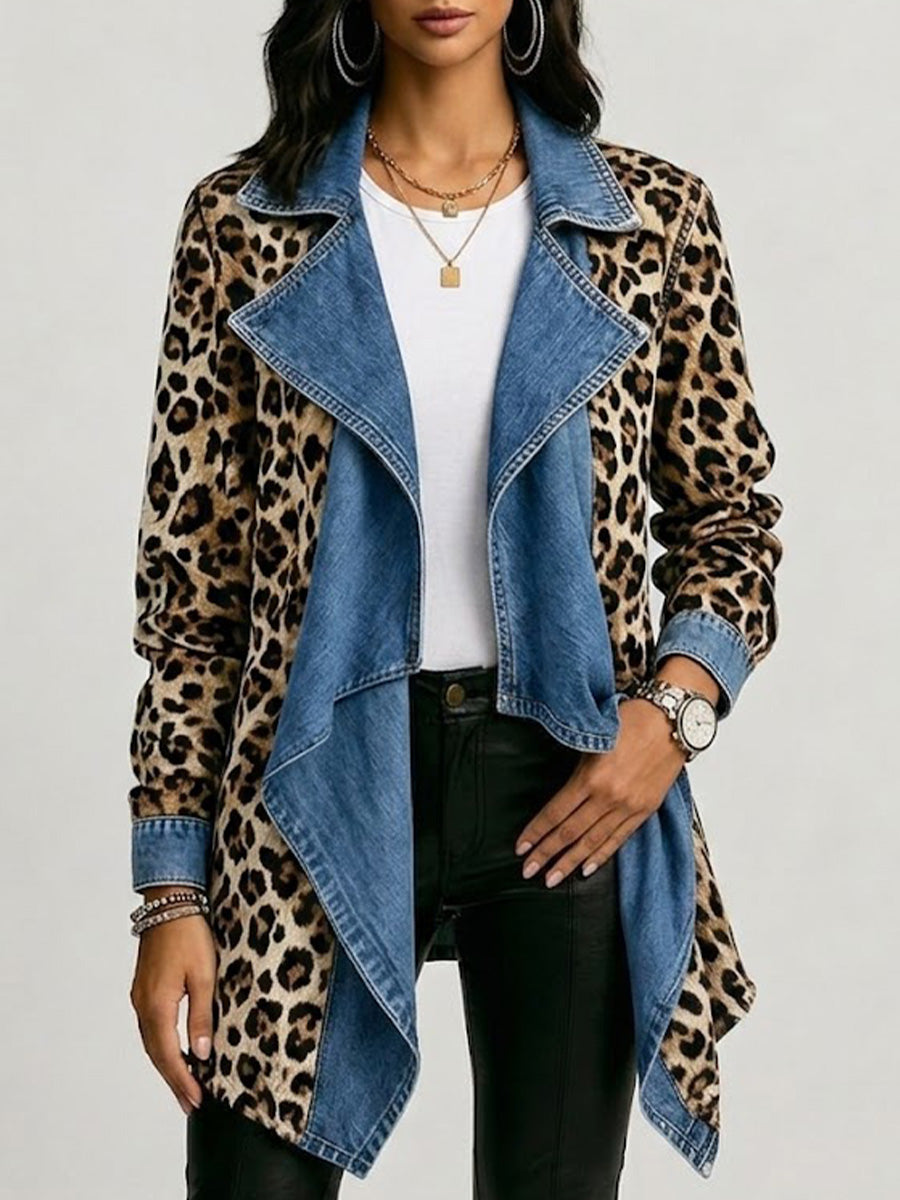Sherilyn™ | Mid-Length Jacket with Leopard Print and Washed Denim Panels