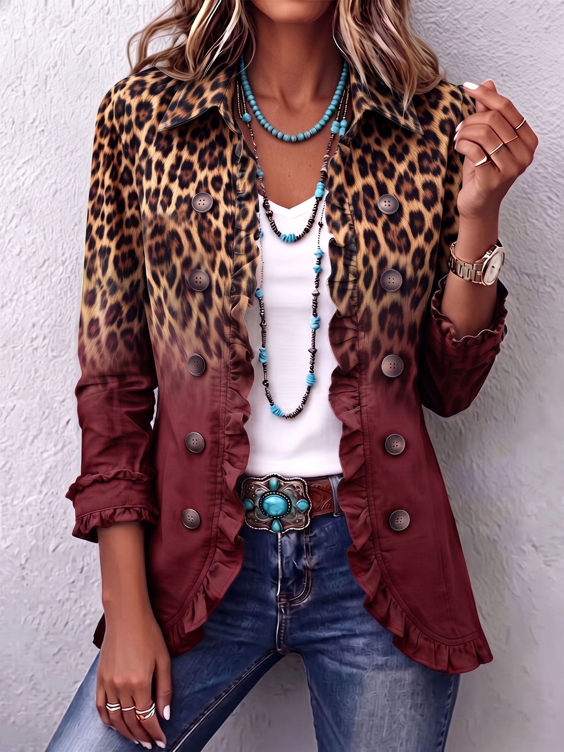 Elspeth™ Leopard Ombre Ruffled Blazer Jacket