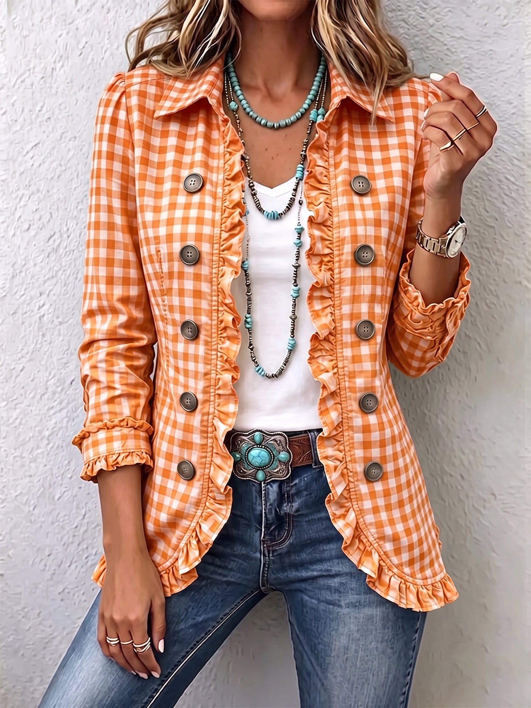 Charlene™ Gingham Ruffled Button-Up Jacket