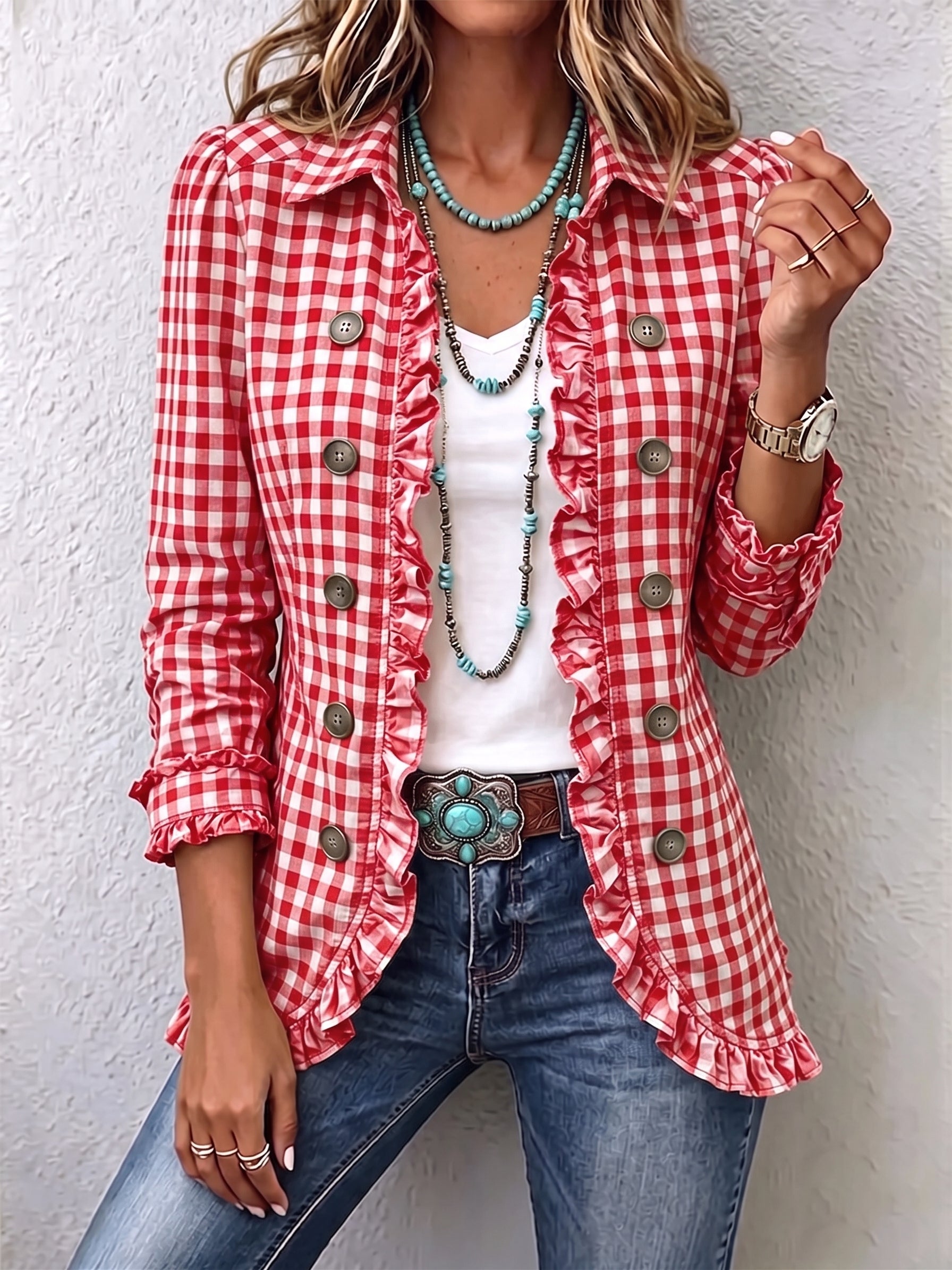 Charlene™ Gingham Ruffled Button-Up Jacket