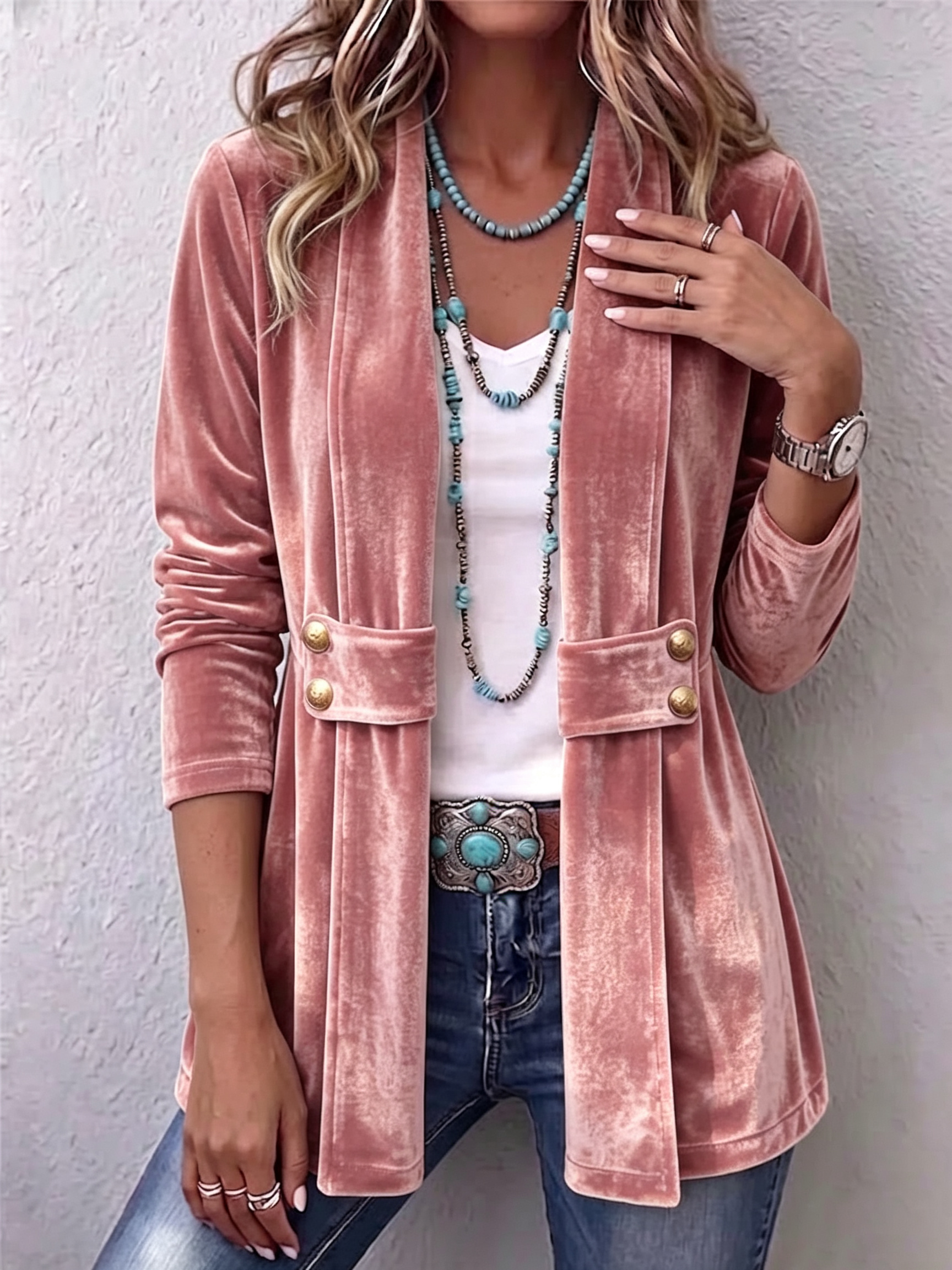 Holliwell™ | Classic Long Sleeve Open Front Jacket with Vintage Lapel and Button Detail