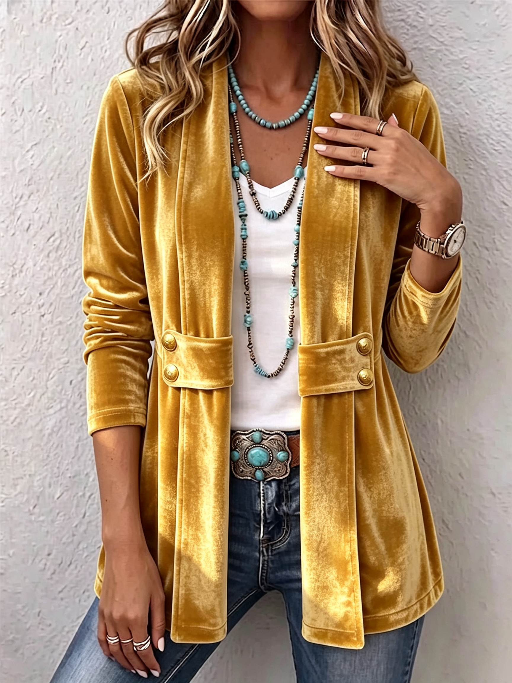 Holliwell™ | Classic Long Sleeve Open Front Jacket with Vintage Lapel and Button Detail