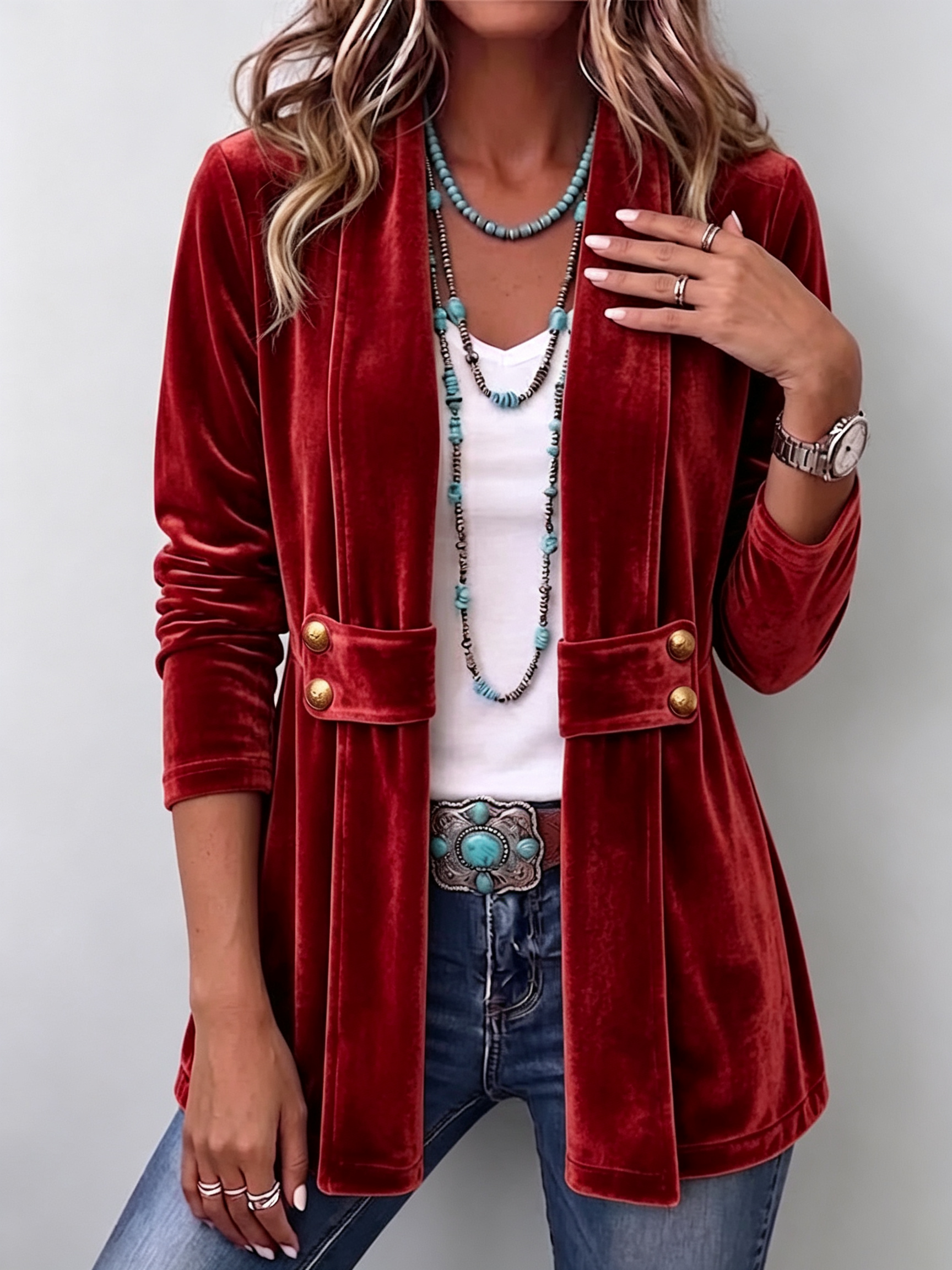 Holliwell™ | Classic Long Sleeve Open Front Jacket with Vintage Lapel and Button Detail