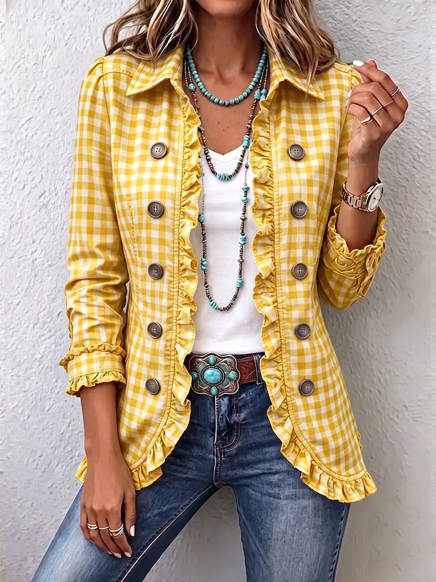 Charlene™ Gingham Ruffled Button-Up Jacket