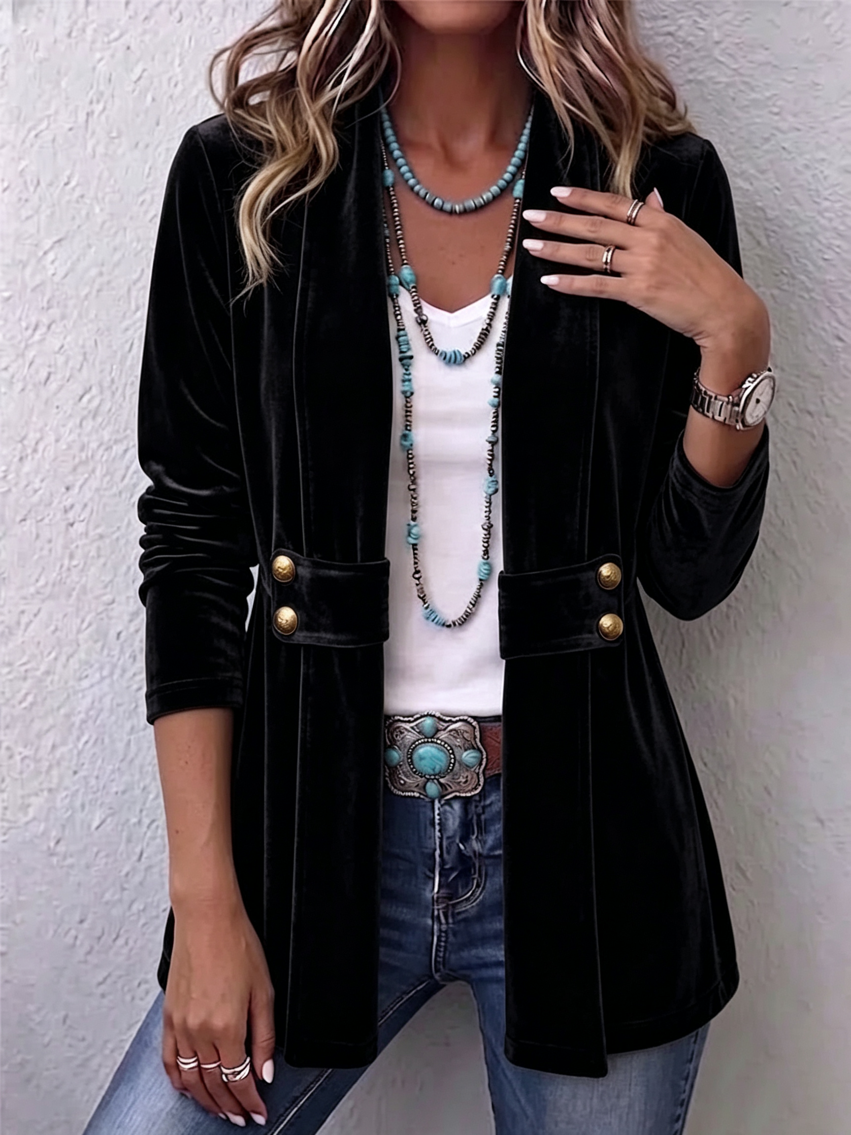 Holliwell™ | Classic Long Sleeve Open Front Jacket with Vintage Lapel and Button Detail